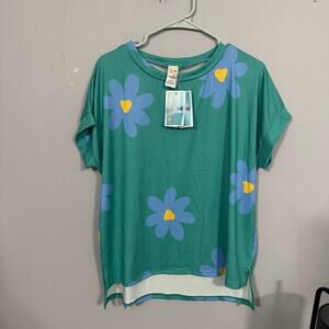 NWT 7th Ray Floral Top Women’s Size Medium Green Blue Cap Sleeve Boutique NEW
